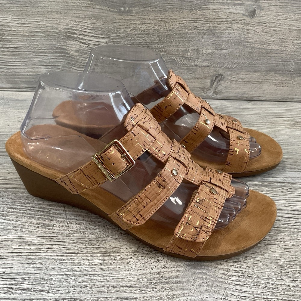 Vionic Radia Casual Slip On Wedge Sandal Womens Size 9 Beige Cork Triple Strap
